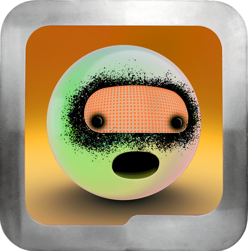 3D abstract face with an orange textured visor, black splatter around eyes, and a black open mouth on a round greenish head with a metallic border background.