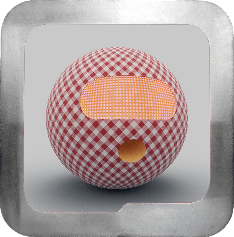 A spherical object with a red and white checkered pattern, featuring an orange rectangular display and a circular opening, set inside a metallic square frame with rounded corners.